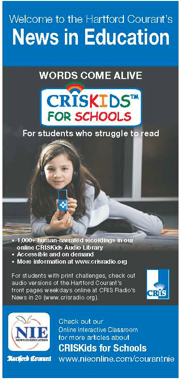News in Education brochure cover- Enfield student holds up her mp3 player with a description of the program printed below.