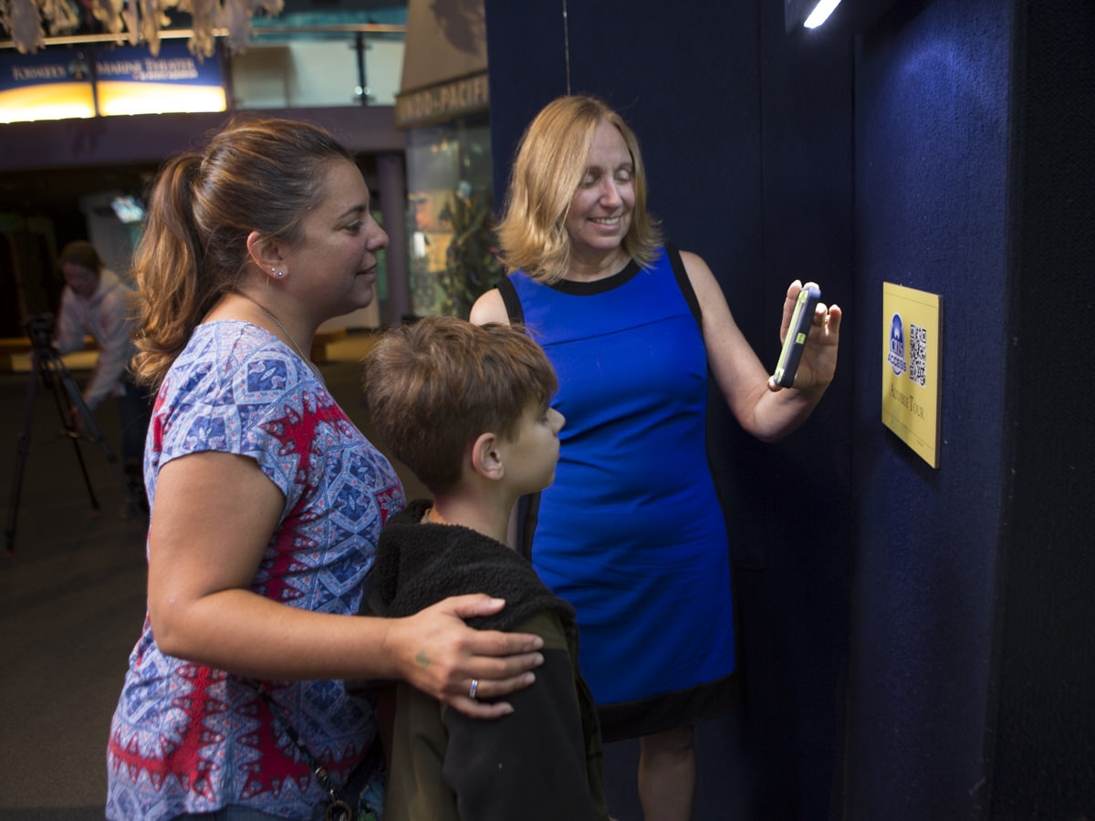 Diane Weaver Dunne demonstrates CRISAccess to a family at Mystic Aquarium.