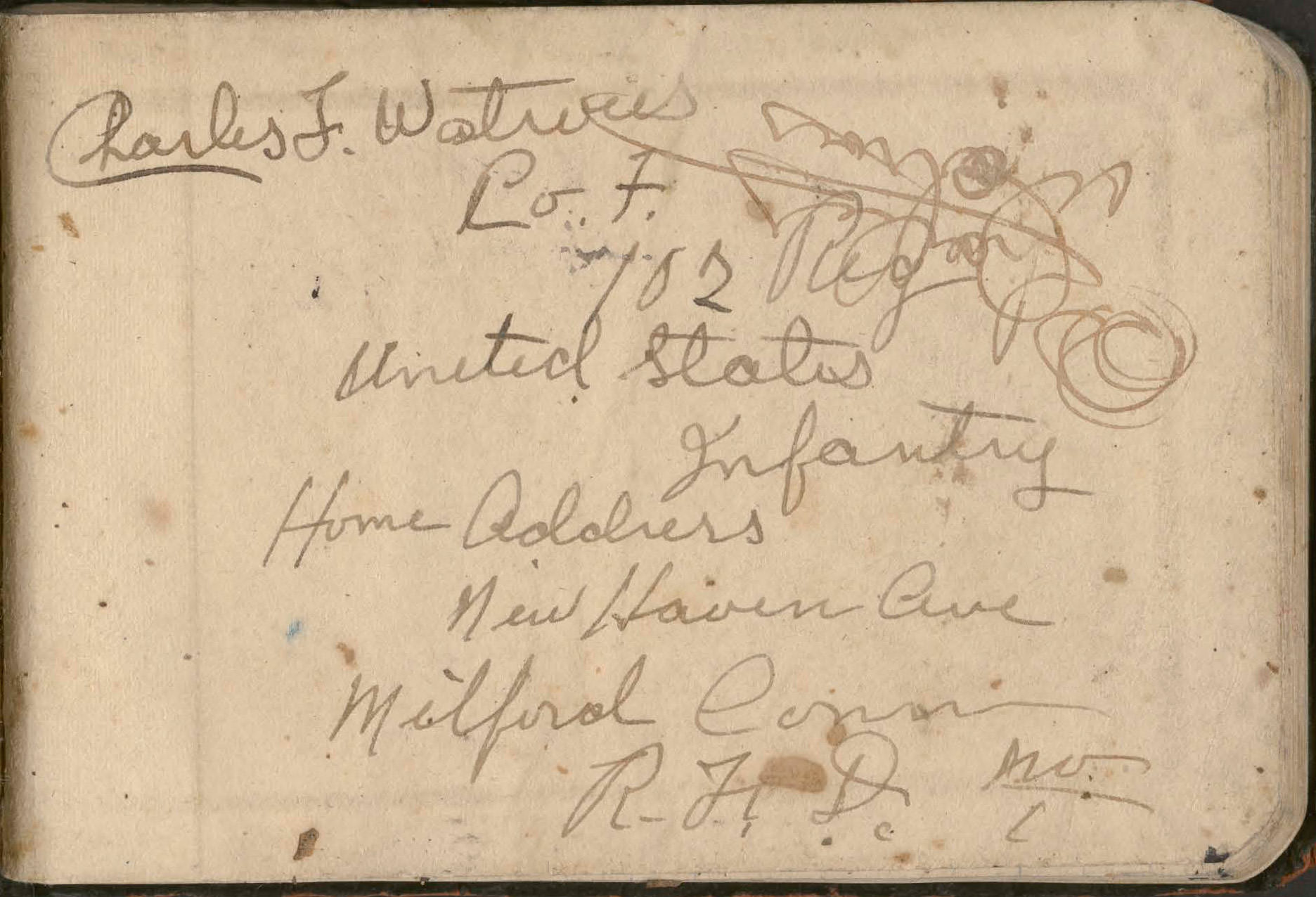 Inside cover of Watrus diary with his signature and address