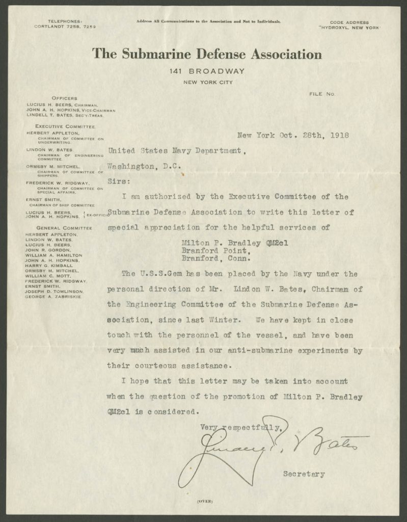 a letter from the submarine defense association recommending a promotion for Milton P Bradley