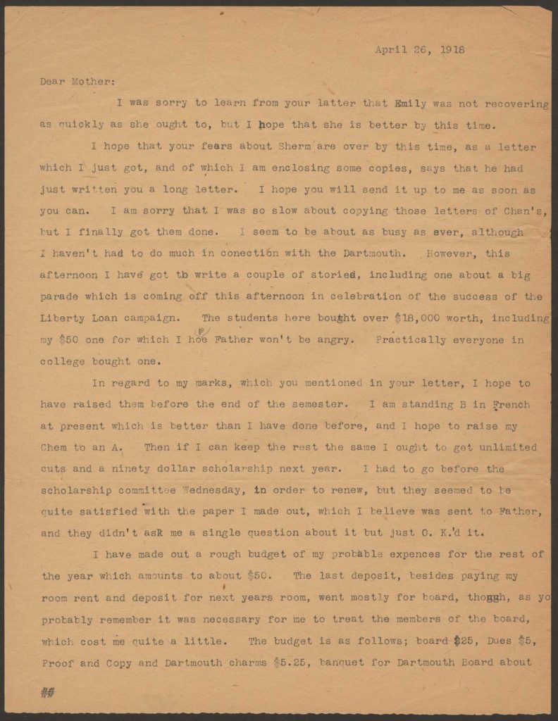 a typewritten letter from alfred green to his mother dated april 26, 1918
