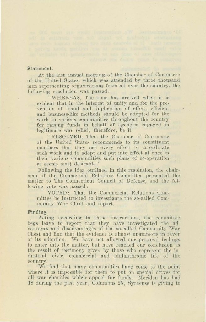 a report of the commercial relations committee to the connecticut state council of defense about community war chests dated may 27 1918