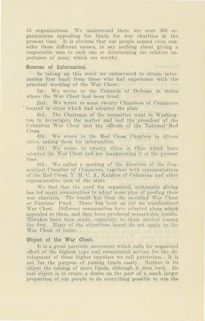 a report of the commercial relations committee to the connecticut state council of defense about community war chests dated may 27 1918