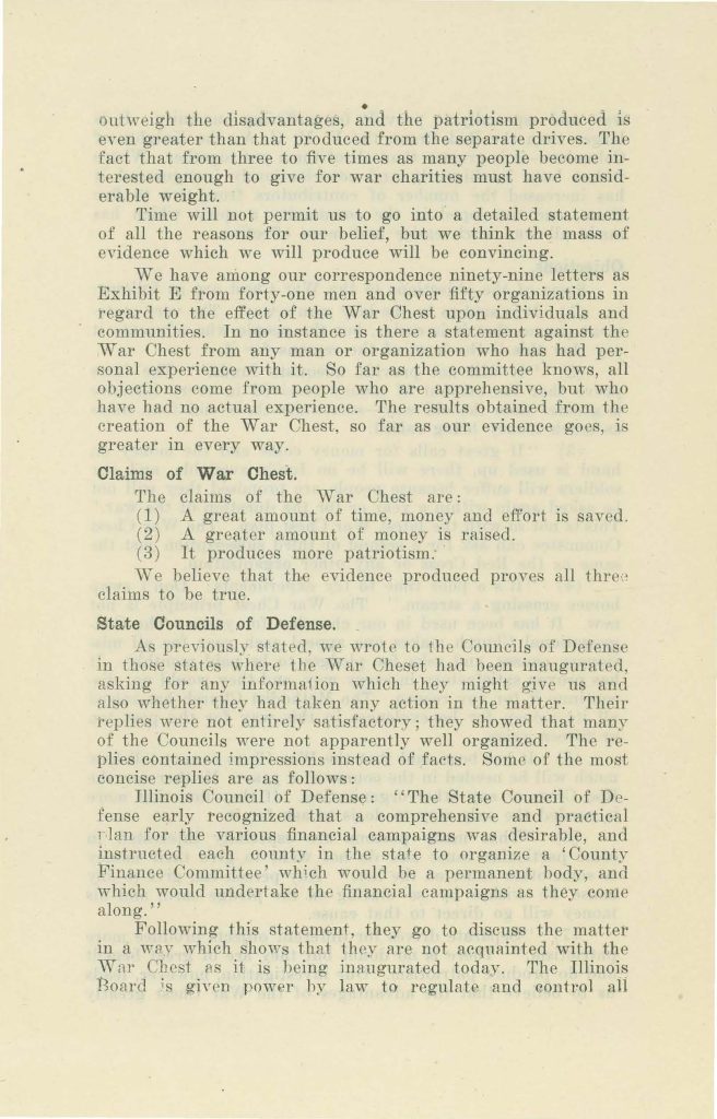 a report of the commercial relations committee to the connecticut state council of defense about community war chests dated may 27 1918