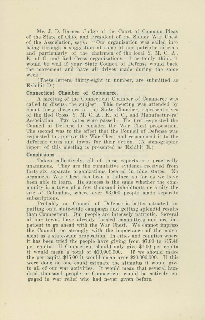 a report of the commercial relations committee to the connecticut state council of defense about community war chests dated may 27 1918