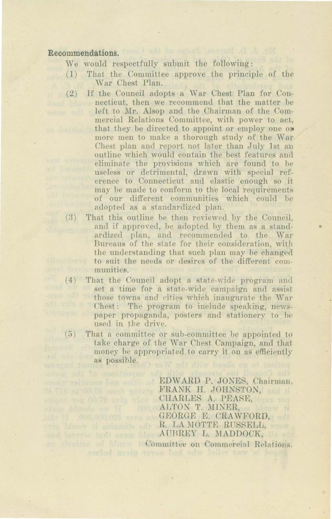 a report of the commercial relations committee to the connecticut state council of defense about community war chests dated may 27 1918