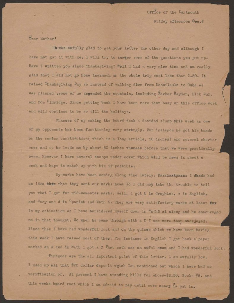 a typwrtten letter from chandler green to his mother dated december 8 1917 t