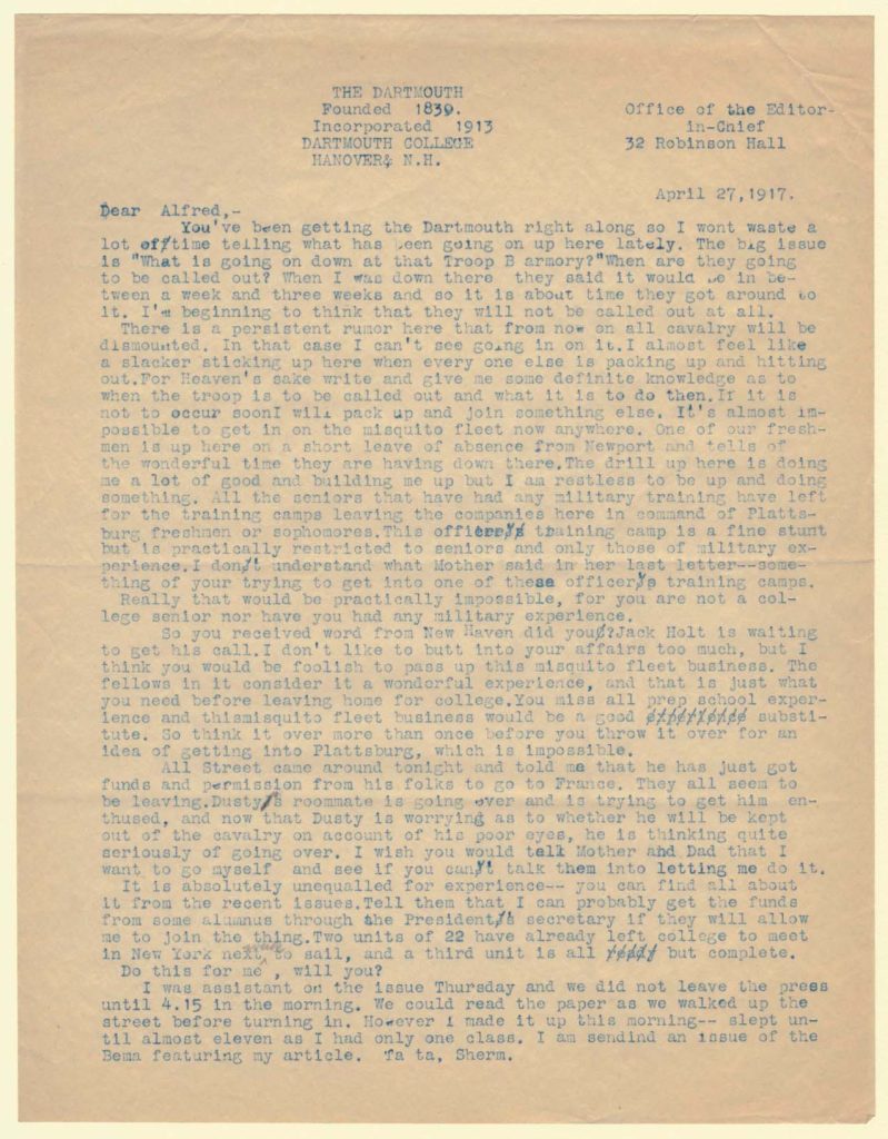 a letter dated april 27, 1917 to Alfred at the Dartmouth