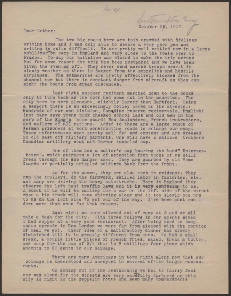 a typewrttien letter from chandler green to his mother dated october 26 1917
