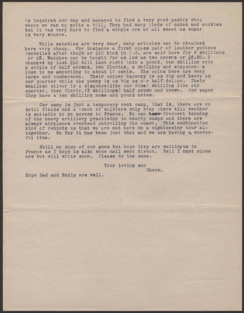 a typewrttien letter from chandler green to his mother dated october 26 1917