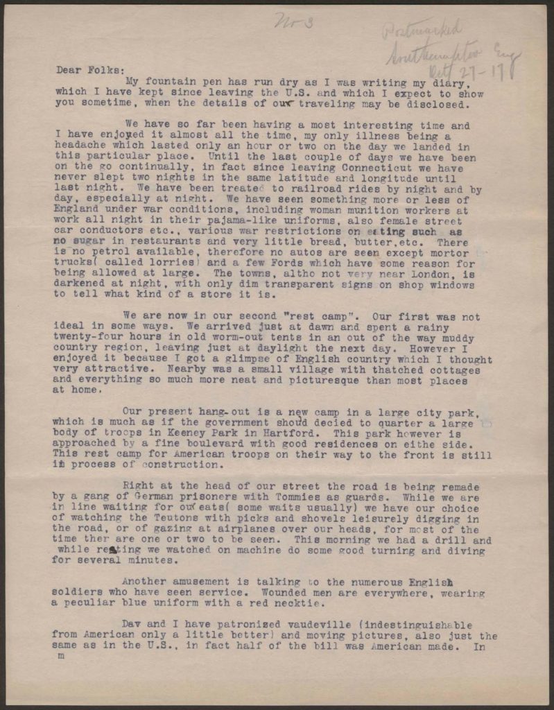 a typewrttien letter from chandler green to his family dated october 1917