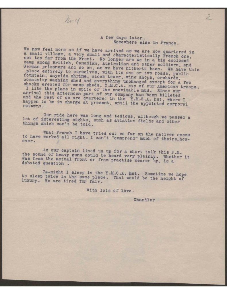 a typewrttien letter from chandler green to his family dated october 1917