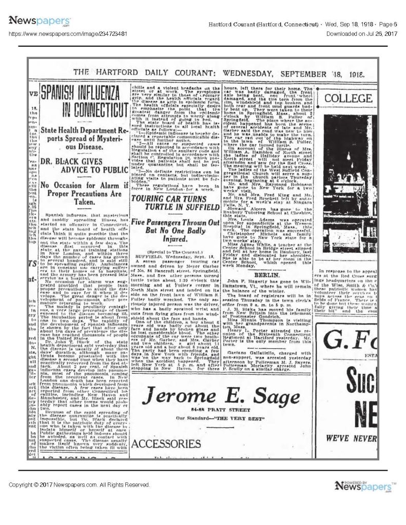 A newspaper clipping titled spanish influenza in connecticut