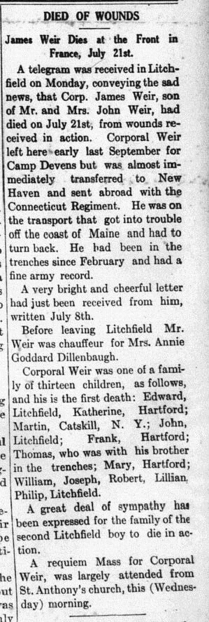 A newspaper clipping titled died of wounds - obituary for James weir