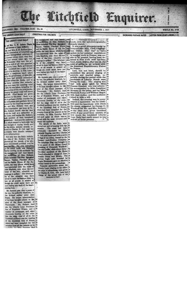 A newspaper clipping of the front page of the litchfield enquirer