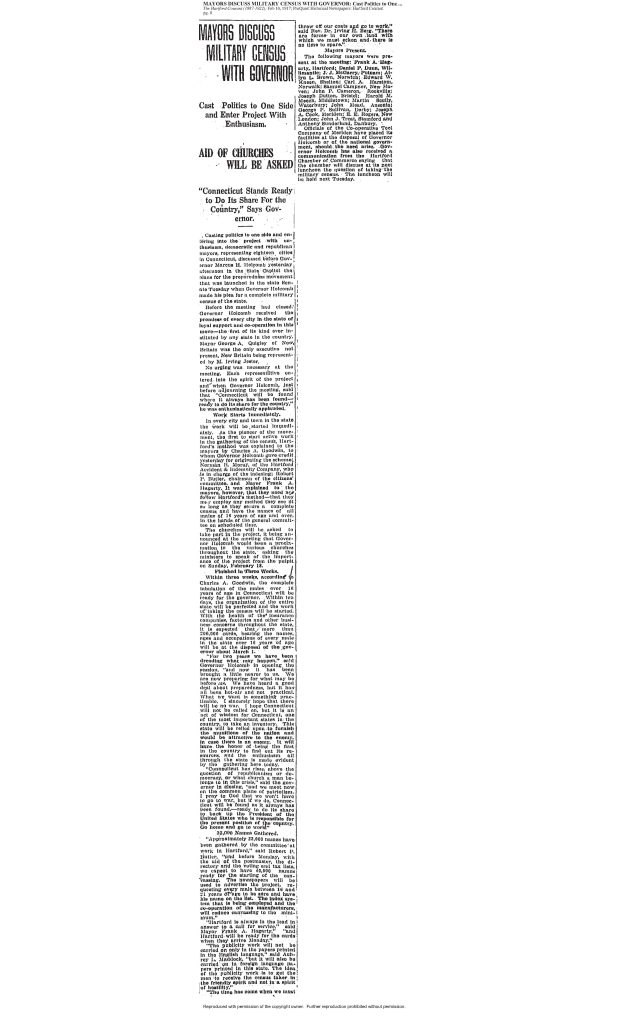 A newspaper clipping title 'mayors discuss military census with governor;