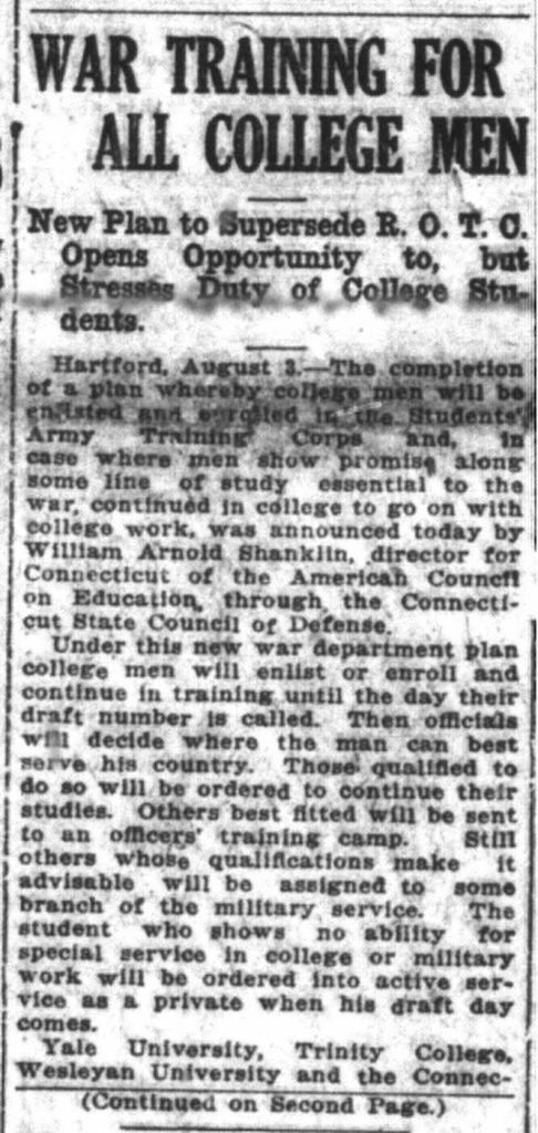 A newspaper clipping titled war training for all college men