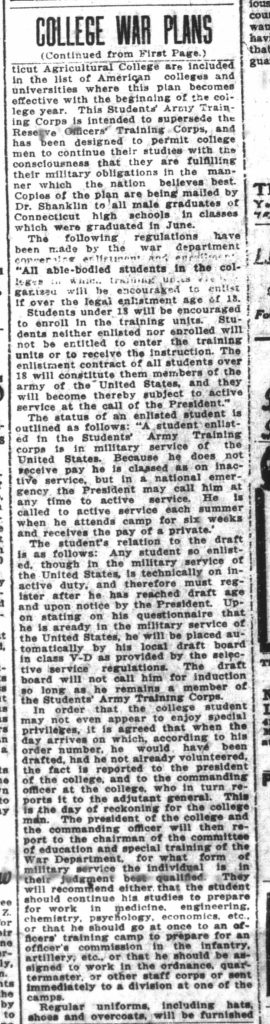 A newspaper clipping titled college war plans