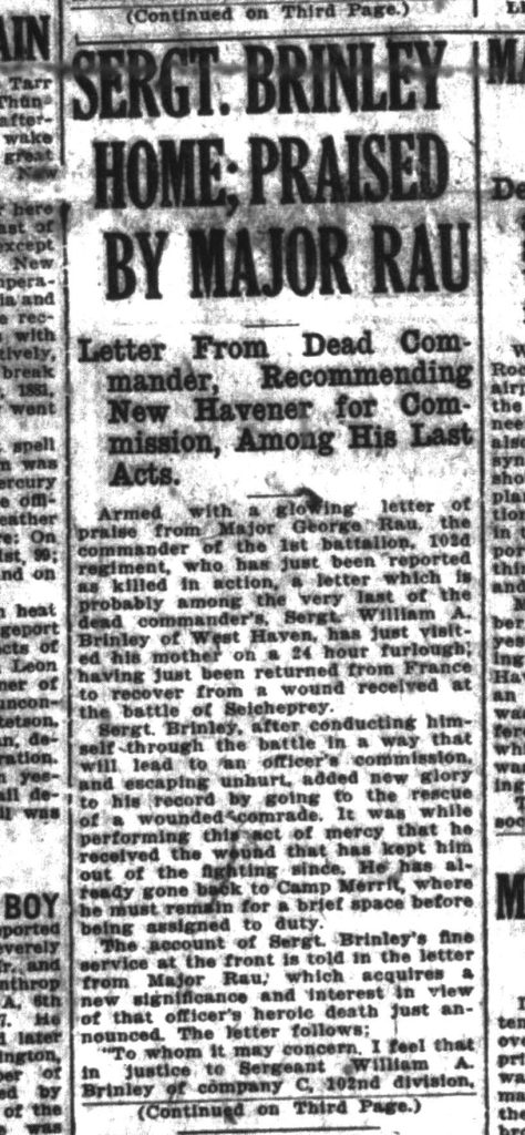 A newspaper clipping titled sergeant brinley home; praised by major rau