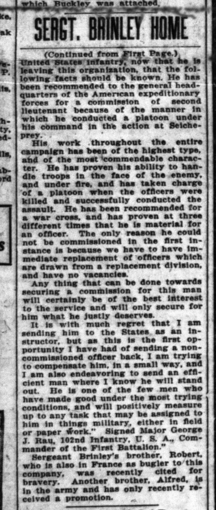 A newspaper clipping titled sergeant brinley home