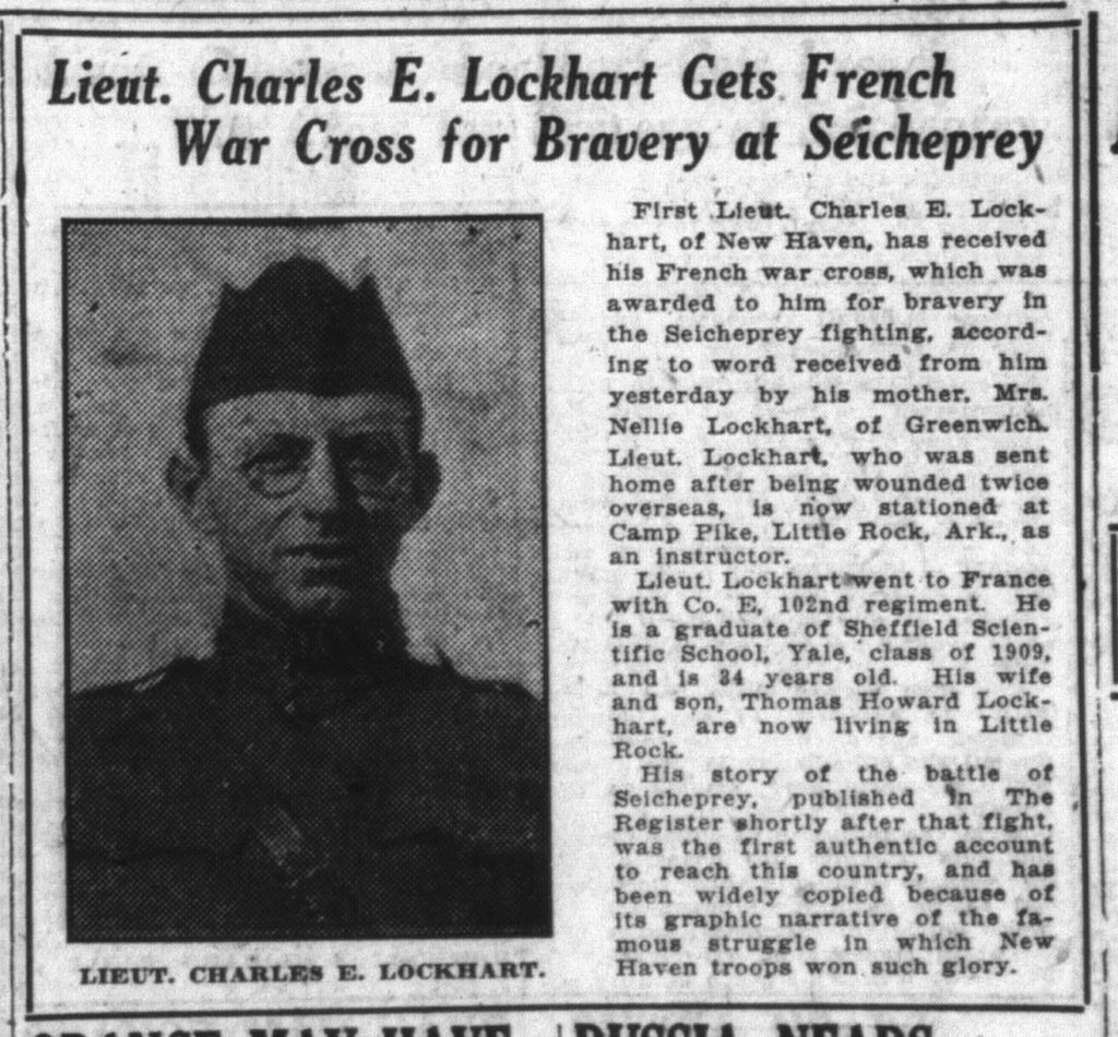 A newspaper clipping titled liewtenant charles e lockhart gets frends war cross for bravery at seicheprey