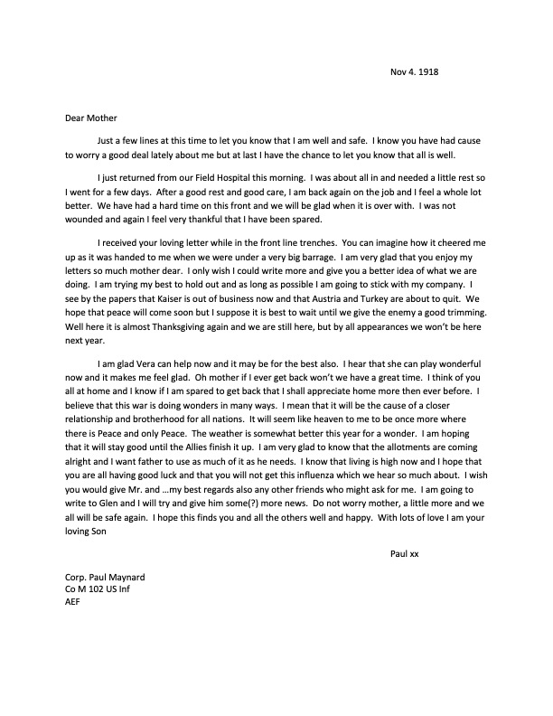a letter from paul maynard to his mother