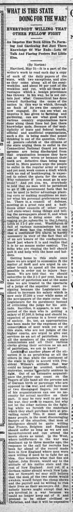 A newspaper clipping titled 'what is this state doing for the war'