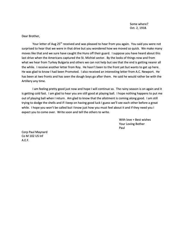 a letter from Paul Maynard to his brother