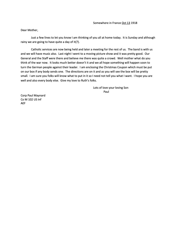 a letter from Paul Maynard to his mother