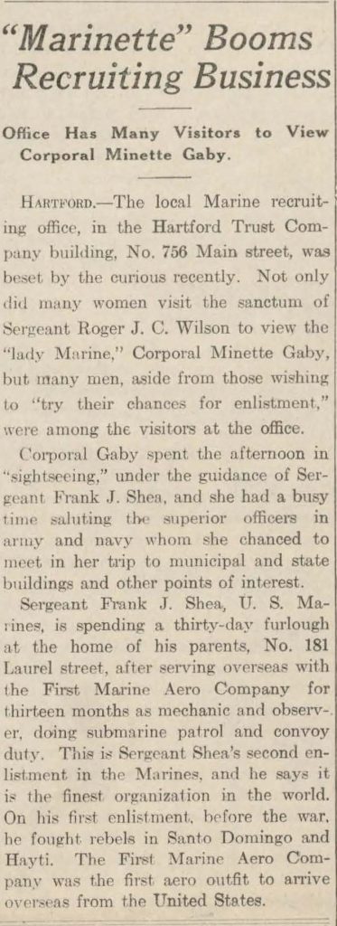 A newspaper clipping titled 'marinetter' booms recruiting business