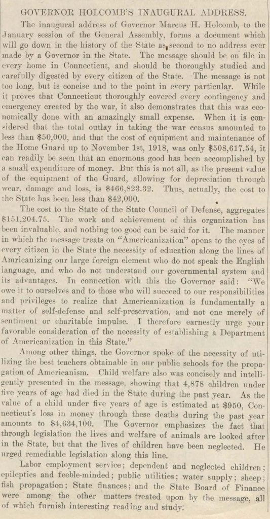 A newspaper clipping titled governor holcomb's inaugural address