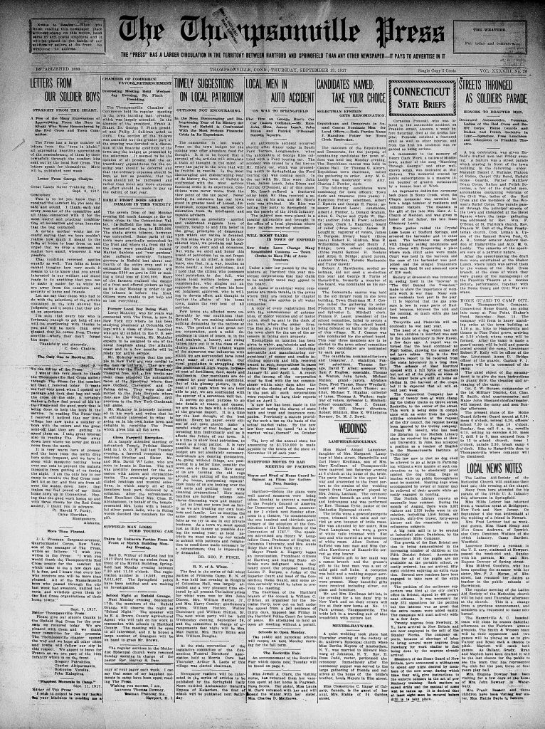 A newspaper clipping of the front page of the thompsonville press