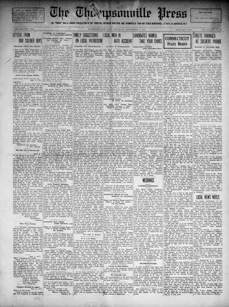 A newspaper clipping of the front page of the thompsonville press