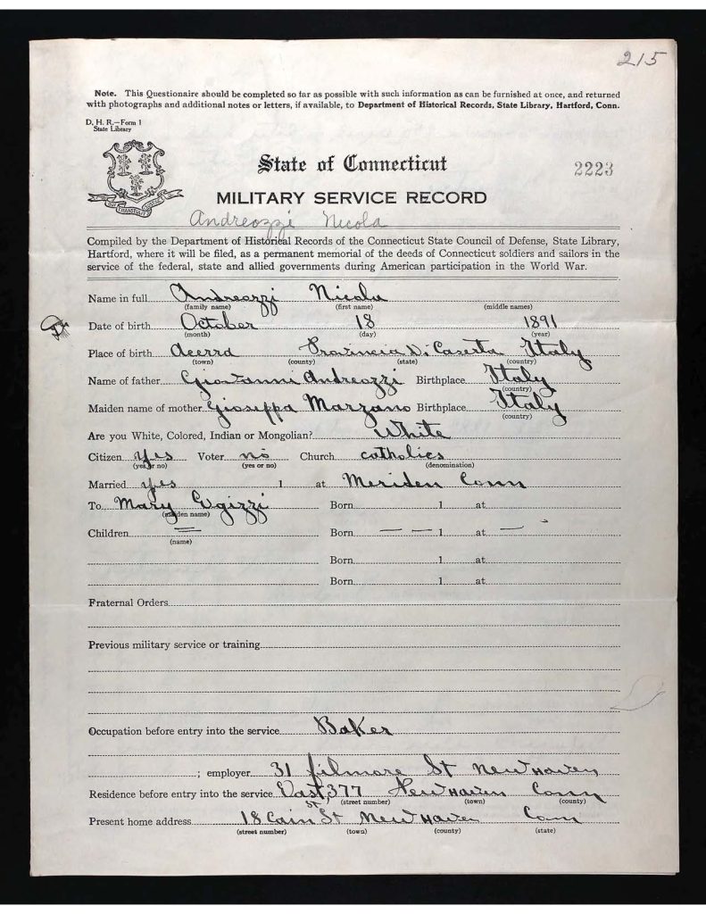 an official state of connecticut military service record for nicola andreazzi