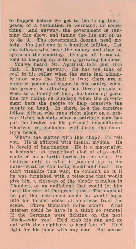 article titled 'are you an apathist, that was originally published in the Hartford Times on march 6 1918 and reprinted and issued by the connecticut state council of defense
