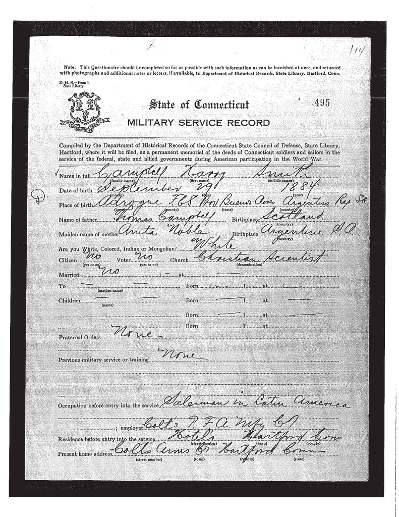an official state of connecticut military service record for harry smith campbell