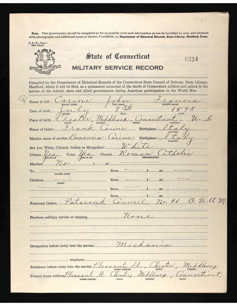 an official state of connecticut military service record for john frances carini