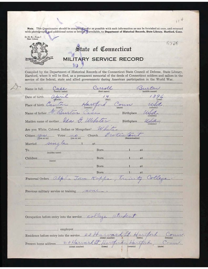 an official state of connecticut military service record for carroll burton case
