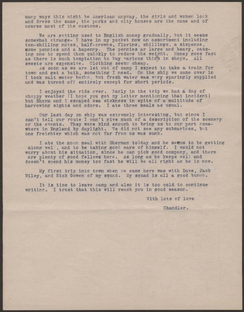 a typewritten letter from chandler green to his familey dated february 29 1918