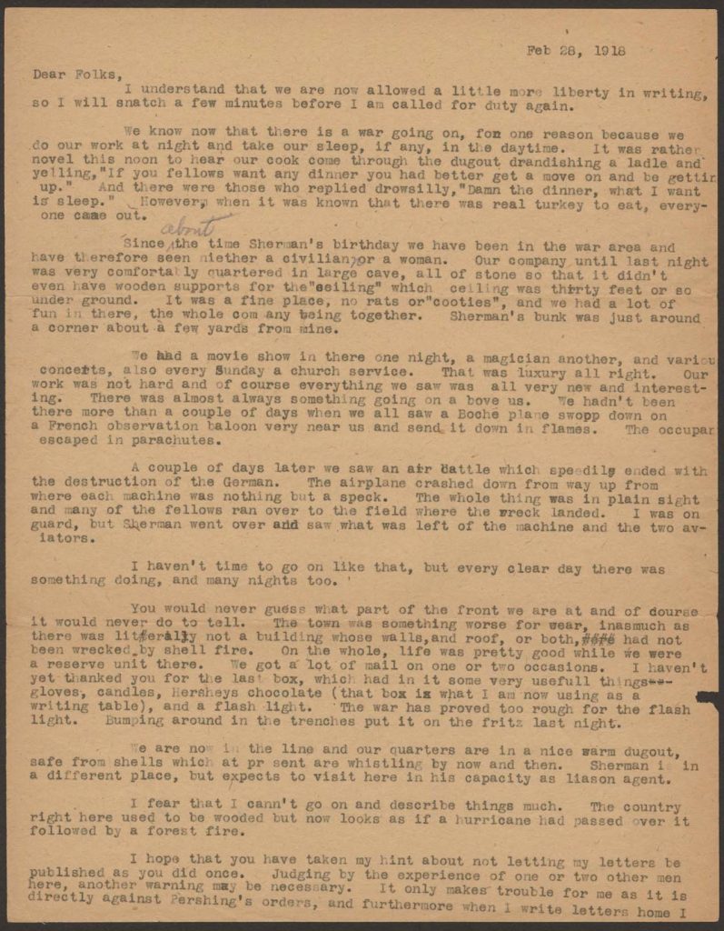 a typewritten letter from chandler green to his familey dated february 29 1918