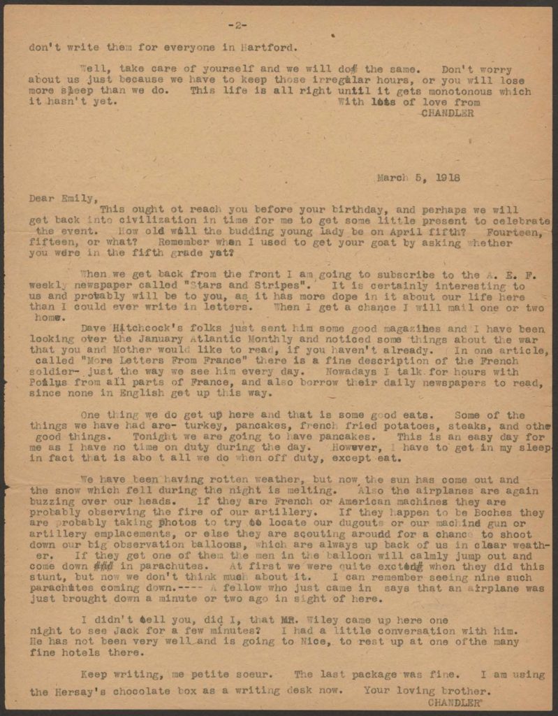 a typewritten letter from chandler green to his familey dated november 3 1917 and to emily dated march 5 1918