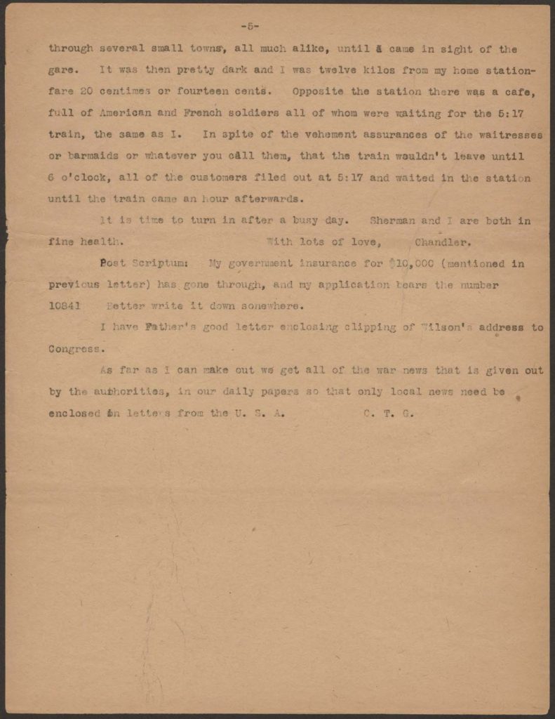 a typewritten letter from chandler green to his mother dated october 11 1917