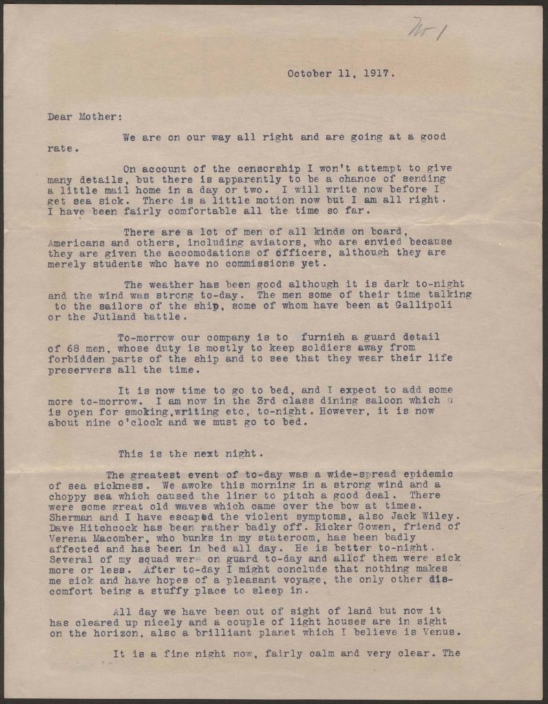 a typewritten letter from chandler green to his mother dated october 11 1917