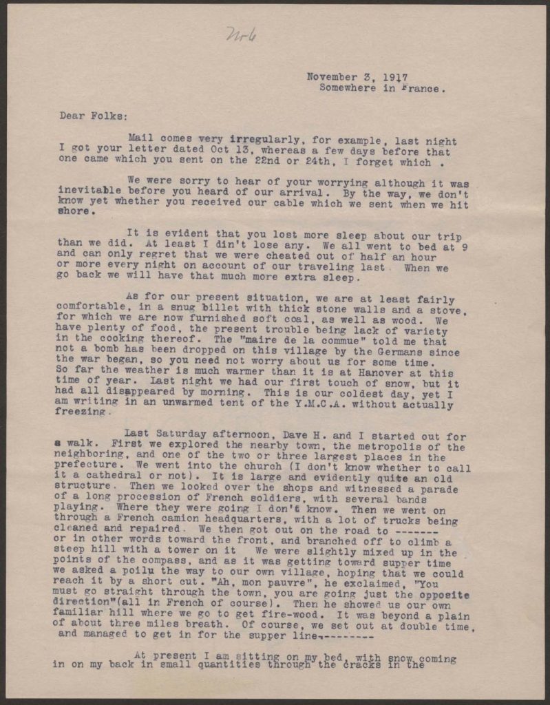 a typewritten letter from chandler green to his familey dated november 3 1917