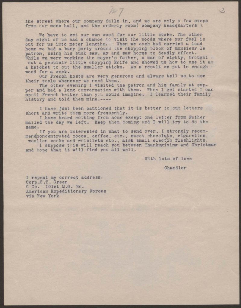 a typewritten letter from chandler green to his familey dated january 11 1918