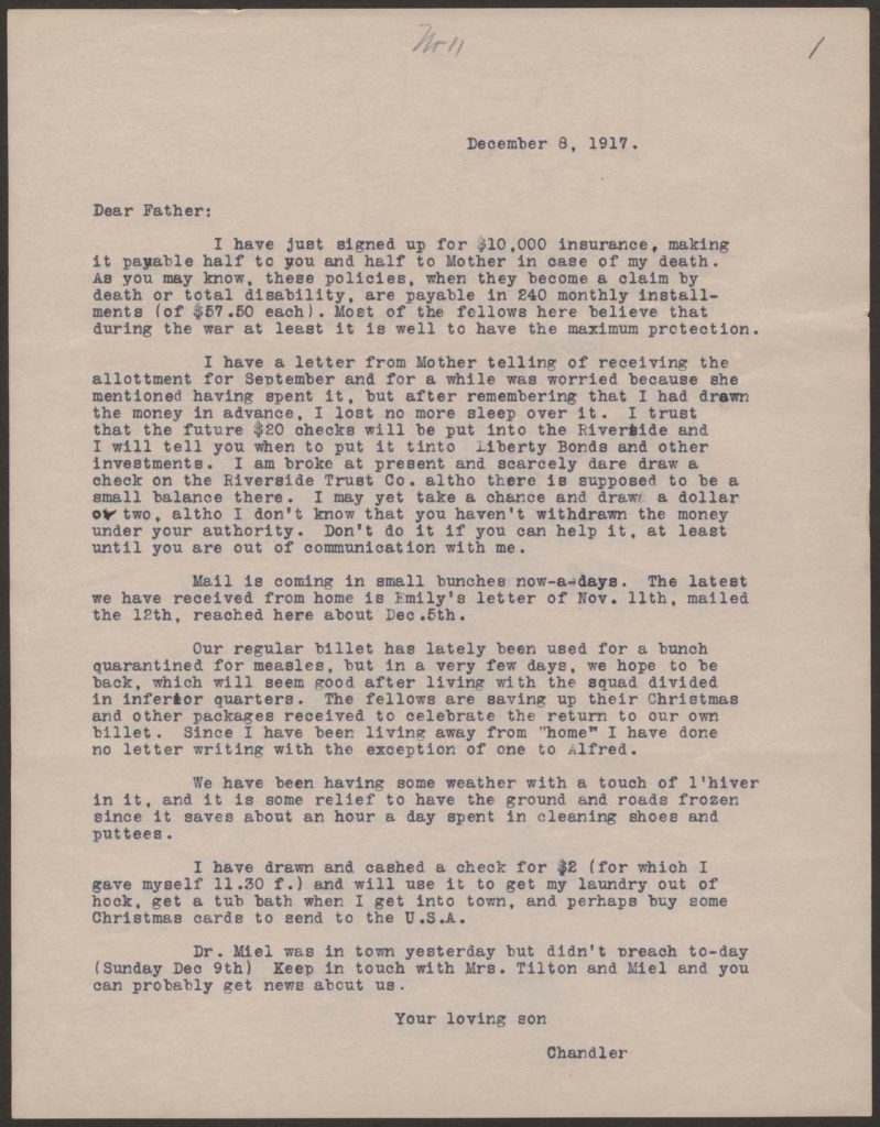 a typewritten letter from chandler green to his father dated december 8 1917