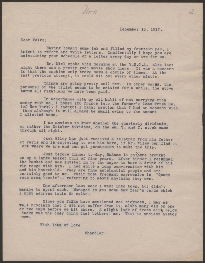 a typewritten letter from chandler green to his family dated december 16 1917