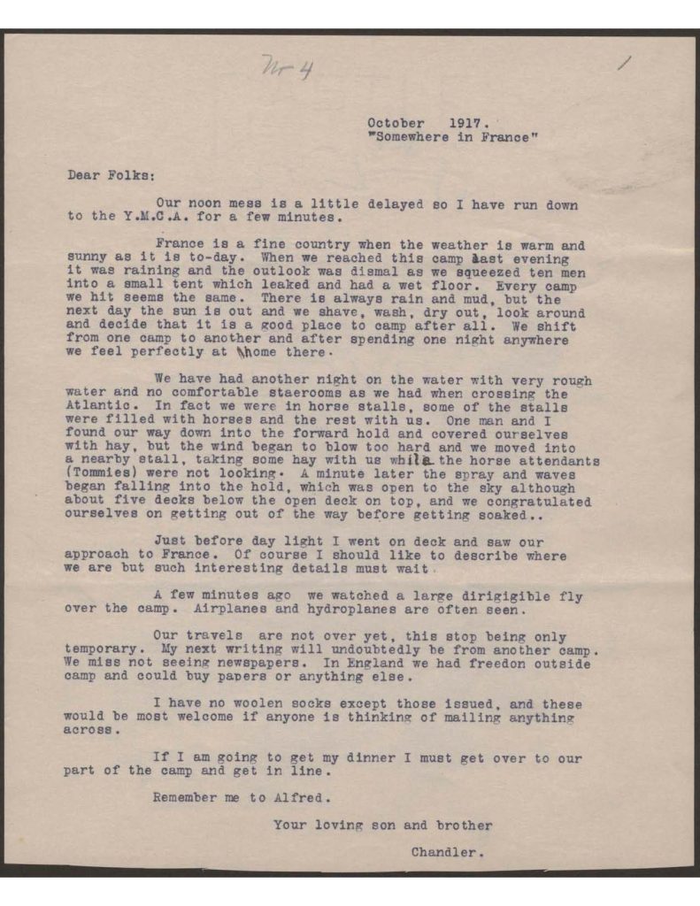 a typewritten letter from chandler green to his family dated october 1917