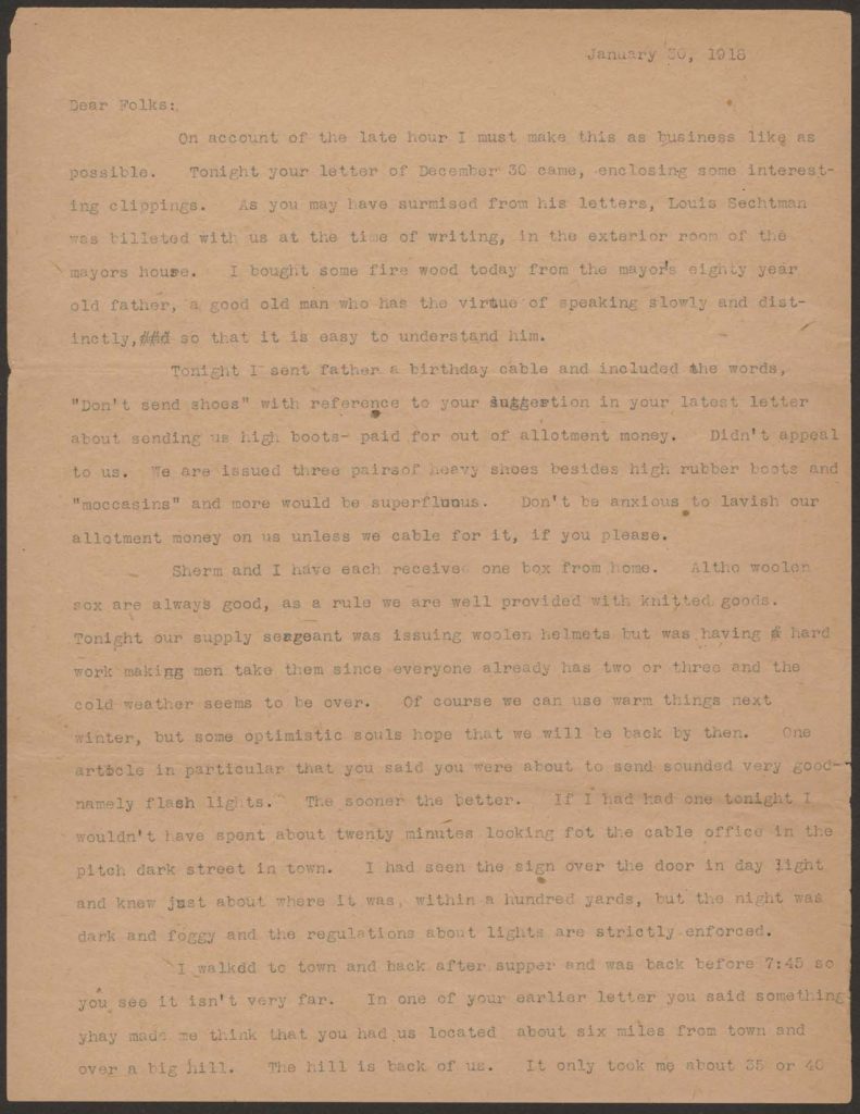 a typwritten letter from chandler green to his family and father dated january 20, 1918