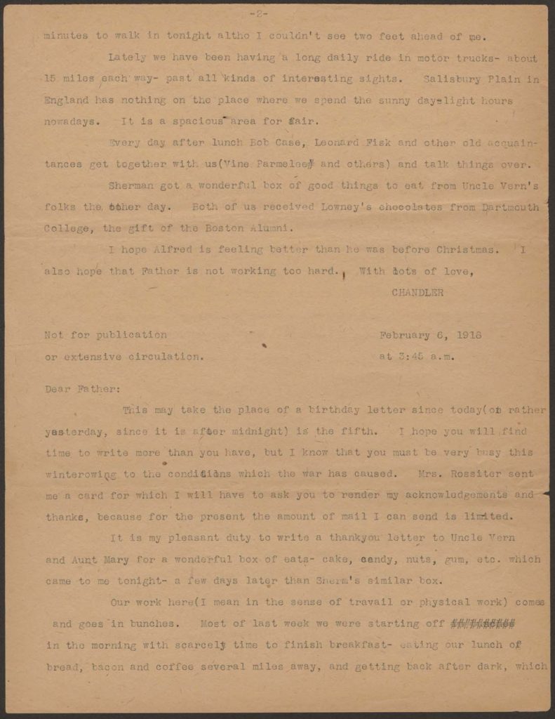 a typwritten letter from chandler green to his mother and father dated february 6, 1918